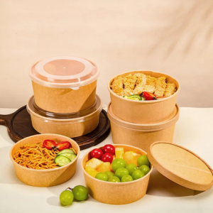 Wholesale Disposable Takeaway Kraft Paper Salad Bowl Noodle Soup Kraft Paper Bowl Ice Cream Cup With Lid