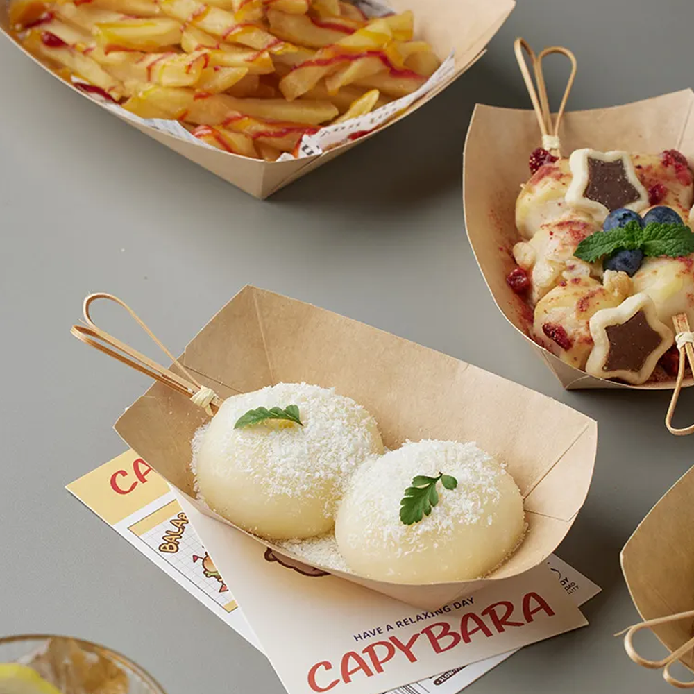 Food serving tray coating kraft paper boat shape open box packing tray